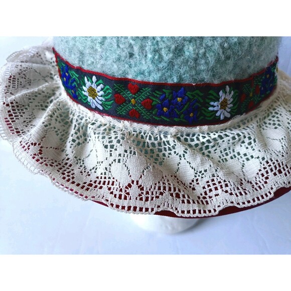 Vintage Handmade Wool Clouche Hat Floral Ribbon Crochet Lined Blue Hat OSFA main image 8